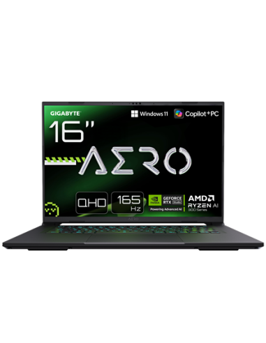 Gigabyte AERO X16 1VH 16" WQXGA 165Hz nešiojamas kompiuteris – vaizdas iš priekio su specifikacijų ženklais