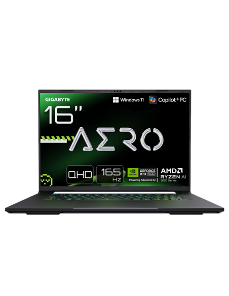 Gigabyte AERO X16 1VH 16" WQXGA 165Hz nešiojamas kompiuteris – vaizdas iš priekio su specifikacijų ženklais