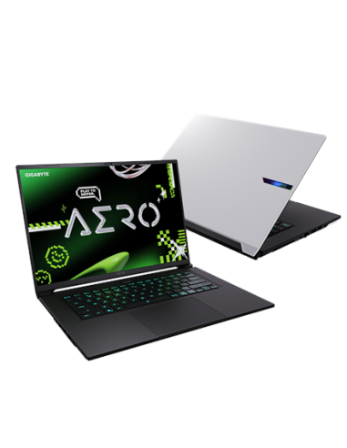 Gigabyte AERO X16 1VH 16" WQXGA 165Hz nešiojamas kompiuteris – vaizdas iš priekio ir baltas dangtis iš galo
