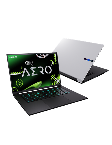 Gigabyte AERO X16 1VH 16" WQXGA 165Hz nešiojamas kompiuteris – vaizdas iš priekio ir baltas dangtis iš galo