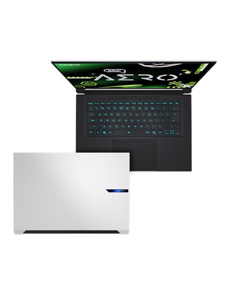 Gigabyte AERO X16 1VH 16" WQXGA 165Hz nešiojamas kompiuteris – klaviatūra ir baltas dangtis iš viršaus