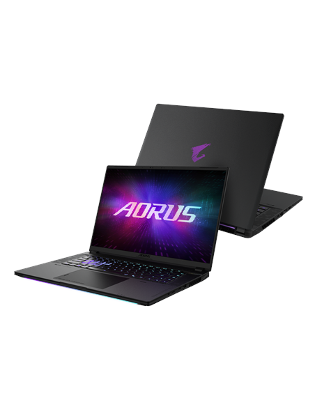 Gigabyte AORUS MASTER 16 6XJ 16" WQXGA 240Hz nešiojamas kompiuteris – vaizdas iš priekio ir dangtis iš galo
