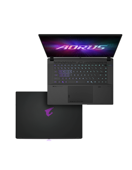 Gigabyte AORUS MASTER 16 6XJ 16" WQXGA 240Hz nešiojamas kompiuteris – klaviatūra ir dangtis iš viršaus