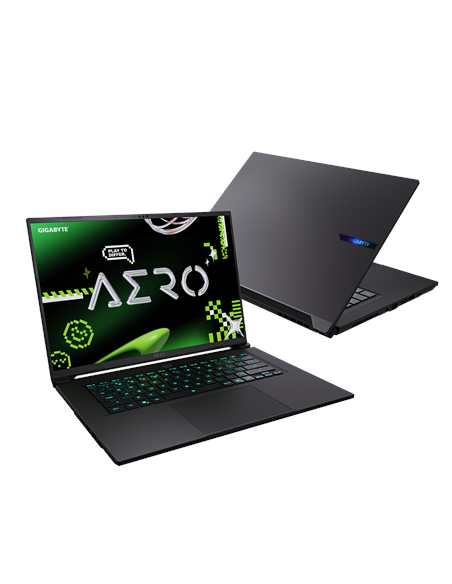 Gigabyte AERO X16 1WH 16" WQXGA 165Hz nešiojamas kompiuteris – vaizdas iš priekio ir dangtis iš galo