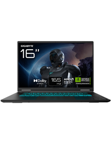 Gigabyte GAMING A16 3WH 16" WQXGA 165Hz nešiojamas kompiuteris – vaizdas iš priekio su specifikacijų ženklais