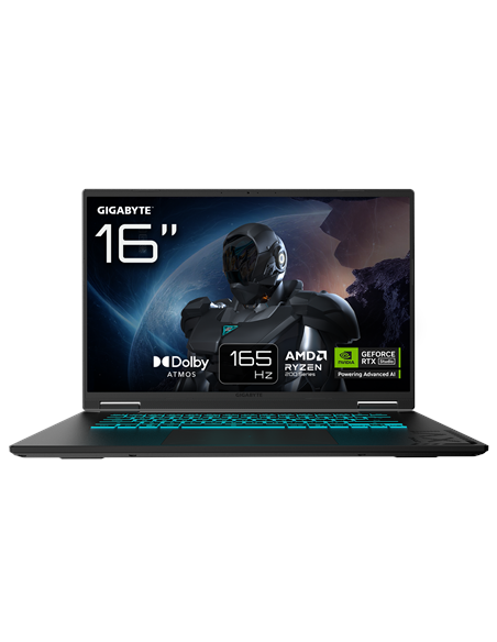 Gigabyte GAMING A16 3WH 16" WQXGA 165Hz nešiojamas kompiuteris – vaizdas iš priekio su specifikacijų ženklais