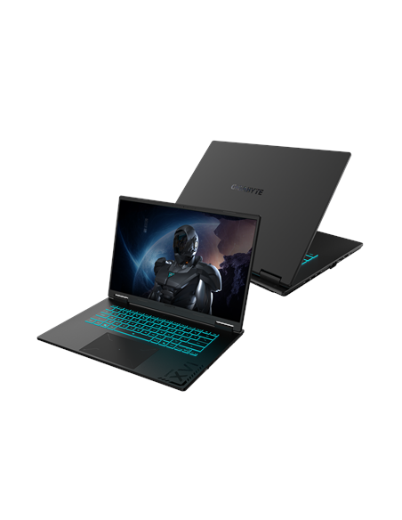 Gigabyte GAMING A16 3WH 16" WQXGA 165Hz nešiojamas kompiuteris – vaizdas iš priekio ir dangtis iš galo