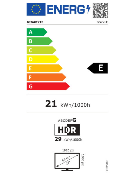 Gigabyte GS27FC monitorius – ES energijos etiketė (E klasė)