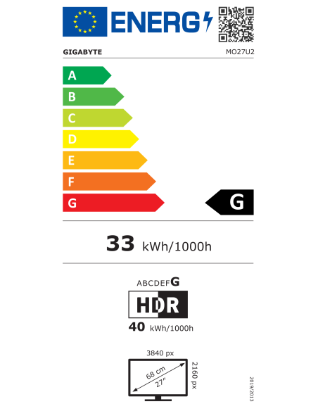 Gigabyte MO27U2 monitorius – ES energijos etiketė (G klasė)