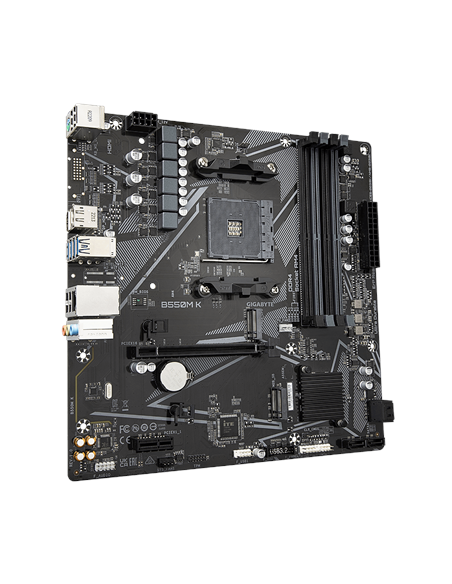 Gigabyte B550M K AM4 Micro-ATX pagrindinė plokštė – vaizdas kampu