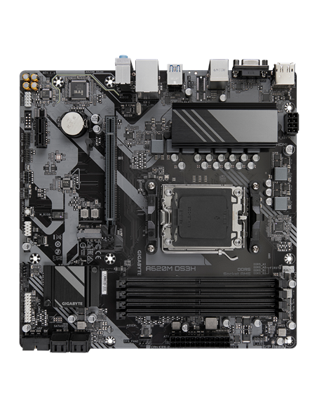 Gigabyte A620M DS3H AM5 Micro-ATX pagrindinė plokštė – vaizdas kampu