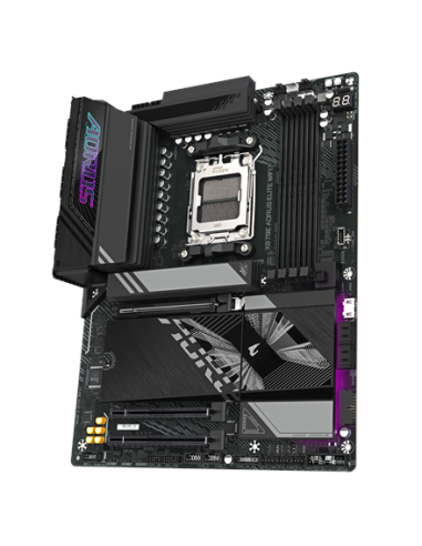 Gigabyte X870E AORUS ELITE WIFI7 AM5 ATX pagrindinė plokštė – vaizdas kampu iš kitos pusės