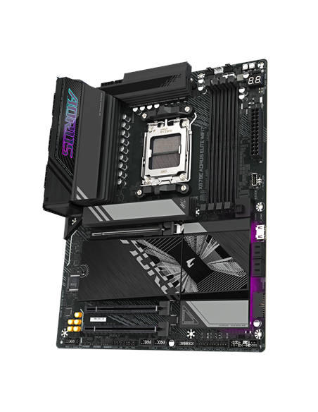 Gigabyte X870E AORUS ELITE WIFI7 AM5 ATX pagrindinė plokštė – vaizdas kampu iš kitos pusės