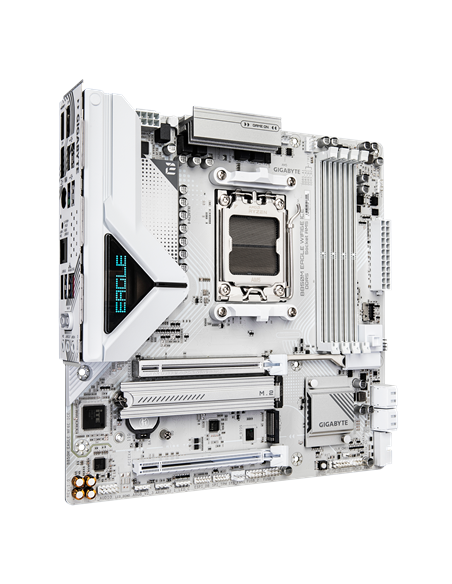 Gigabyte B850M EAGLE WIFI6E ICE AM5 pagrindinė plokštė – vaizdas kampu