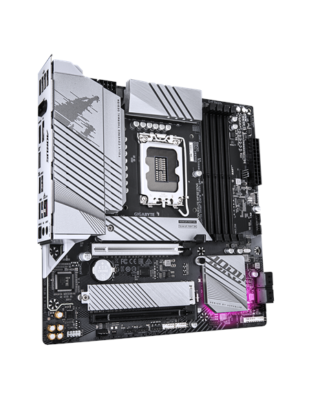Gigabyte B760M AORUS ELITE WIFI6E GEN5 LGA1700 plokštė – vaizdas kampu