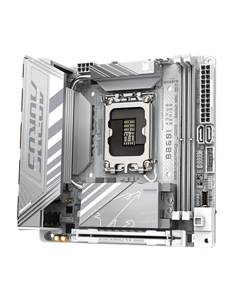 Gigabyte B860I AORUS PRO ICE LGA1851 Mini-ITX plokštė – vaizdas kampu
