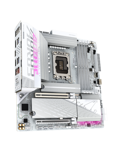 Gigabyte B860M AORUS ELITE WIFI6E ICE LGA1851 plokštė – vaizdas kampu