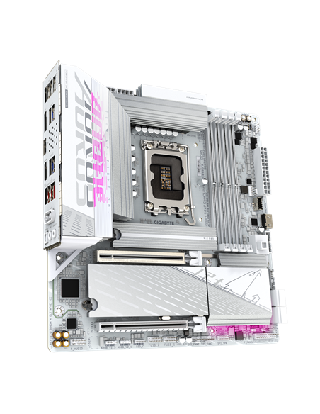 Gigabyte B860M AORUS ELITE WIFI6E ICE LGA1851 plokštė – vaizdas kampu