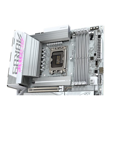 Gigabyte B860M AORUS ELITE WIFI6E ICE LGA1851 plokštė – vaizdas kampu, kitas