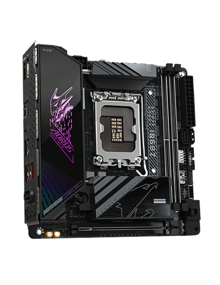 Gigabyte Z890I AORUS ULTRA LGA1851 Mini-ITX pagrindinė plokštė – vaizdas kampu