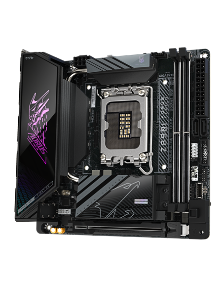 Gigabyte Z890I AORUS ULTRA LGA1851 Mini-ITX pagrindinė plokštė – vaizdas kampu, kitas