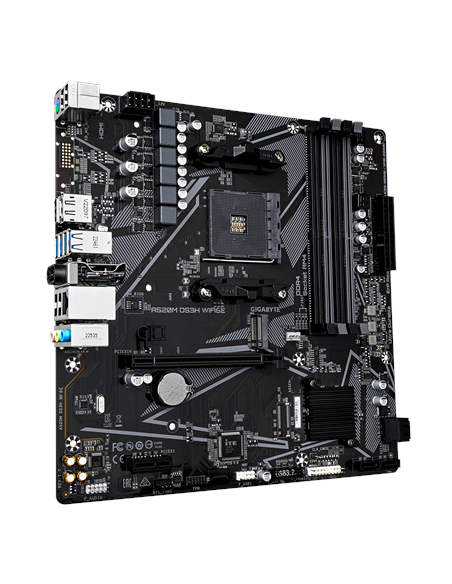 Gigabyte A520M DS3H WIFI6E AM4 Micro-ATX pagrindinė plokštė – vaizdas kampu