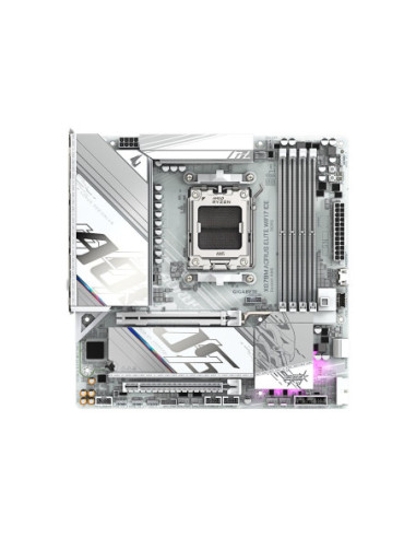Gigabyte X870M AORUS ELITE WIFI7 ICE balta AM5 Micro-ATX plokštė – vaizdas kampu