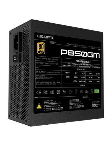 Gigabyte P850GM maitinimo blokas – šonas su specifikacijų lipduku