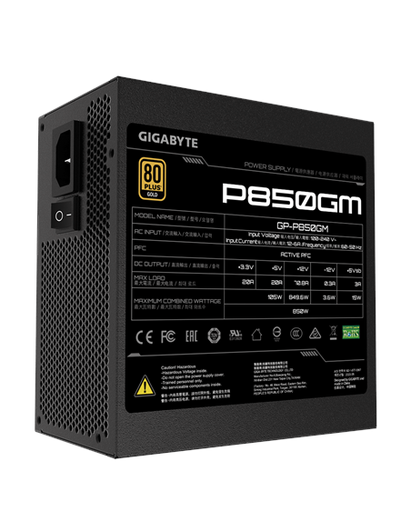 Gigabyte P850GM maitinimo blokas – šonas su specifikacijų lipduku