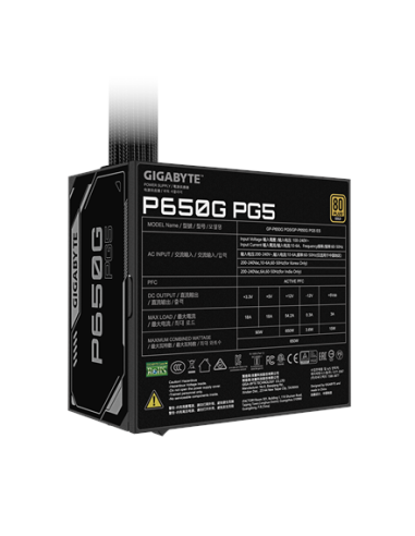 Gigabyte P650G PG5 maitinimo blokas – šonas su specifikacijų lipduku