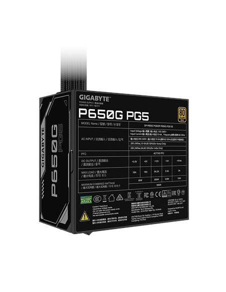 Gigabyte P650G PG5 maitinimo blokas – šonas su specifikacijų lipduku