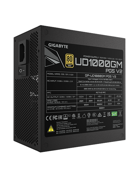 Gigabyte UD1000GM PG5 V2 maitinimo blokas – šonas su specifikacijų lipduku