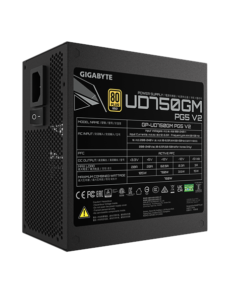 Gigabyte UD750GM PG5 V2 maitinimo blokas – šonas su specifikacijų lipduku