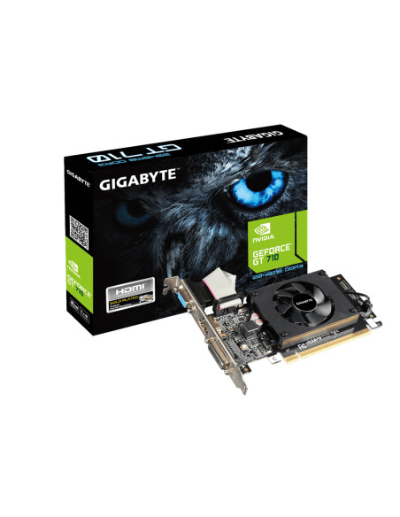 Gigabyte GT 710 Low Profile 2G vaizdo plokštė – pakuotė ir vaizdo plokštė