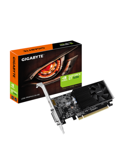 Gigabyte GT 1030 Low Profile D4 2G vaizdo plokštė – pakuotė ir vaizdo plokštė