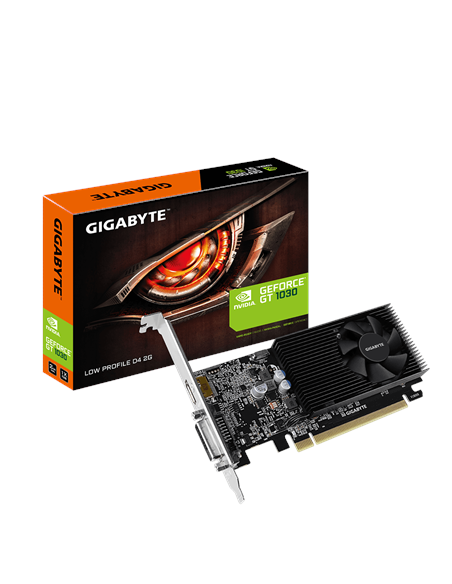 Gigabyte GT 1030 Low Profile D4 2G vaizdo plokštė – pakuotė ir vaizdo plokštė