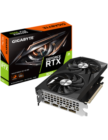 Gigabyte RTX 3050 WINDFORCE OC V2 8G vaizdo plokštė – pakuotė ir vaizdo plokštė