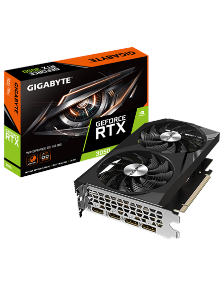 Gigabyte RTX 3050 WINDFORCE OC V2 8G vaizdo plokštė – pakuotė ir vaizdo plokštė