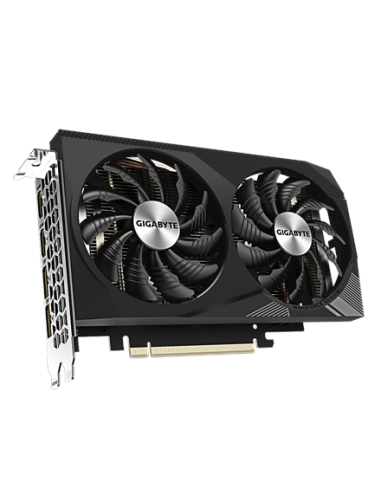 Gigabyte RTX 3050 WINDFORCE OC V2 8G vaizdo plokštė – vaizdas kampu iš priekio