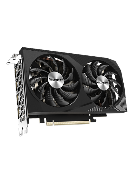 Gigabyte RTX 3050 WINDFORCE OC V2 8G vaizdo plokštė – vaizdas kampu iš priekio