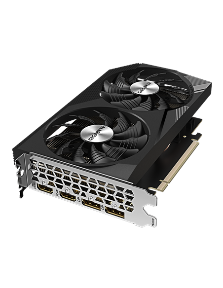 Gigabyte RTX 3050 WINDFORCE OC V2 8G vaizdo plokštė – vaizdas kampu iš viršaus
