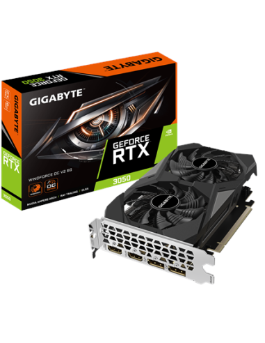 Gigabyte RTX 3050 WINDFORCE OC V2 6G vaizdo plokštė – pakuotė ir vaizdo plokštė