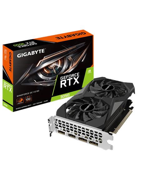Gigabyte RTX 3050 WINDFORCE OC V2 6G vaizdo plokštė – pakuotė ir vaizdo plokštė