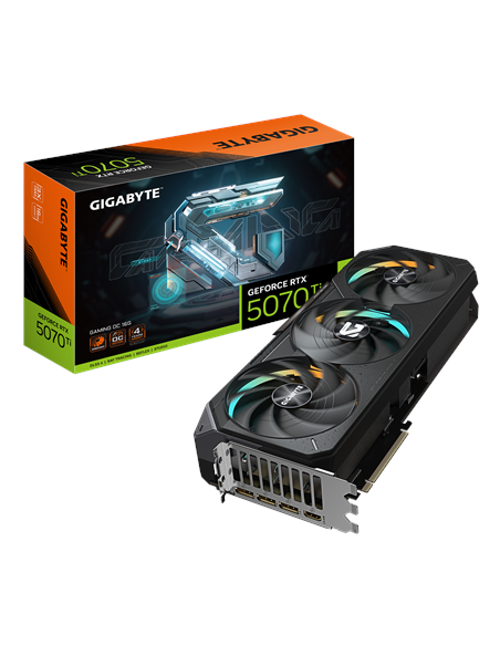 Gigabyte RTX 5070 Ti GAMING OC 16G vaizdo plokštė – pakuotė ir vaizdo plokštė