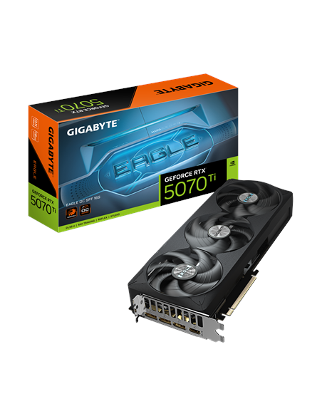 Gigabyte RTX 5070 Ti EAGLE OC SFF 16G vaizdo plokštė – pakuotė ir vaizdo plokštė