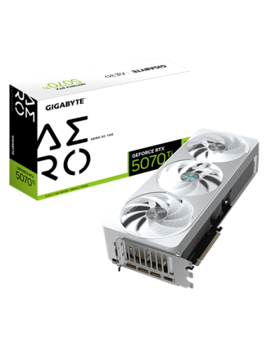 Gigabyte RTX 5070 Ti AERO OC 16G vaizdo plokštė – pakuotė ir vaizdo plokštė