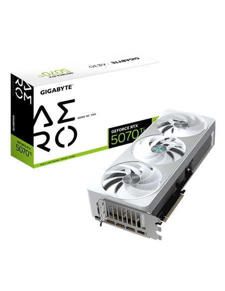 Gigabyte RTX 5070 Ti AERO OC 16G vaizdo plokštė – pakuotė ir vaizdo plokštė