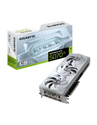 Gigabyte RTX 5070 Ti EAGLE OC ICE SFF 16G vaizdo plokštė – pakuotė ir vaizdo plokštė