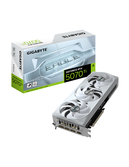 Gigabyte RTX 5070 Ti EAGLE OC ICE SFF 16G vaizdo plokštė – pakuotė ir vaizdo plokštė