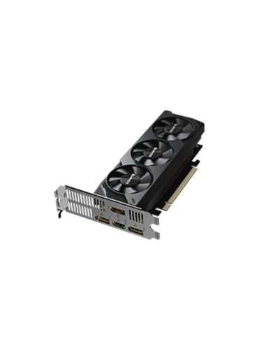 Gigabyte RTX 5060 OC Low Profile 8G GDDR7 vaizdo plokštė – vaizdas kampu su laikikliu